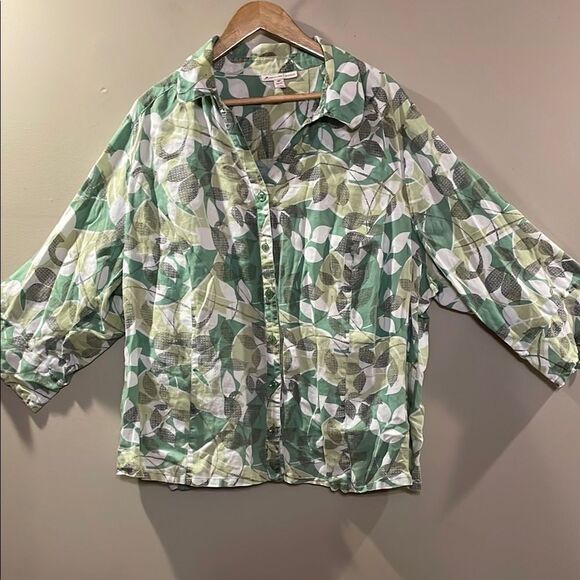 Linen Leaf Print Button-Up Blouse - Picture 1 of 11